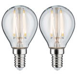 Zwei klare LED-Glühbirnen mit E14-Fassung und warmweißem Licht für energiesparende Beleuchtung