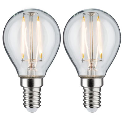 Zwei klare LED-Glühbirnen mit E14-Fassung und warmweißem Licht für energiesparende Beleuchtung