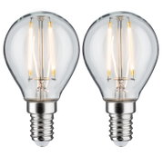 Zwei klare LED-Glühbirnen mit E14-Fassung und warmweißem Licht für energiesparende Beleuchtung