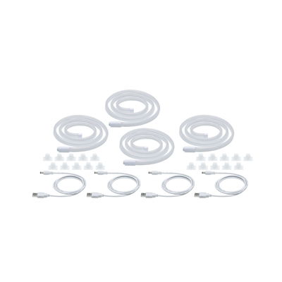 Vier witte LED-lichtstrips met USB-kabels en clips voor flexibele verlichting.