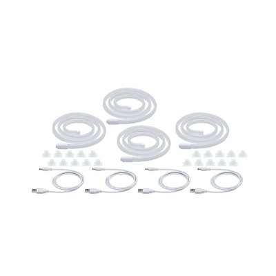 Vier witte LED-lichtstrips met USB-kabels en clips voor flexibele verlichting.