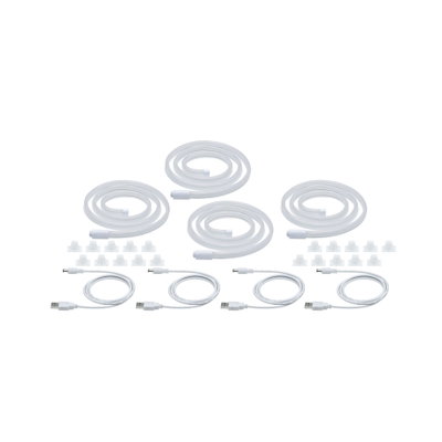 Quatre bandes LED blanches avec câbles USB et clips pour un éclairage flexible.
