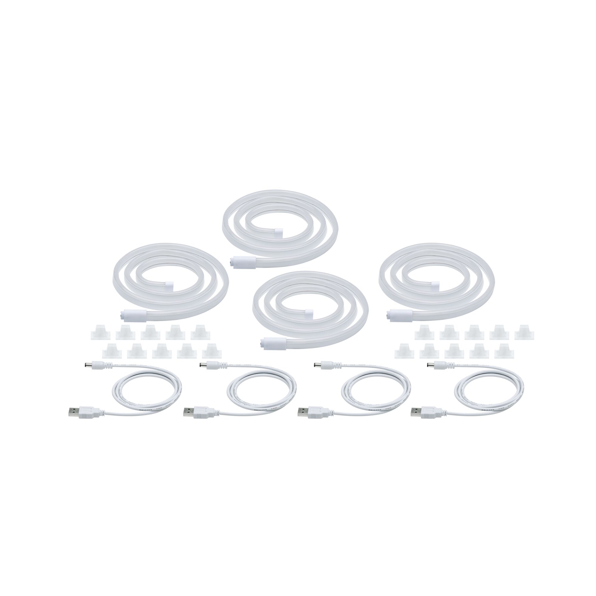 Vier witte LED-lichtstrips met USB-kabels en clips voor flexibele verlichting.