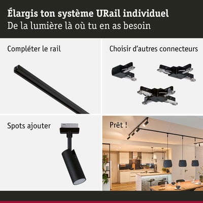 Système de rail URail noir avec connecteurs et spot pour un éclairage modulable à domicile
