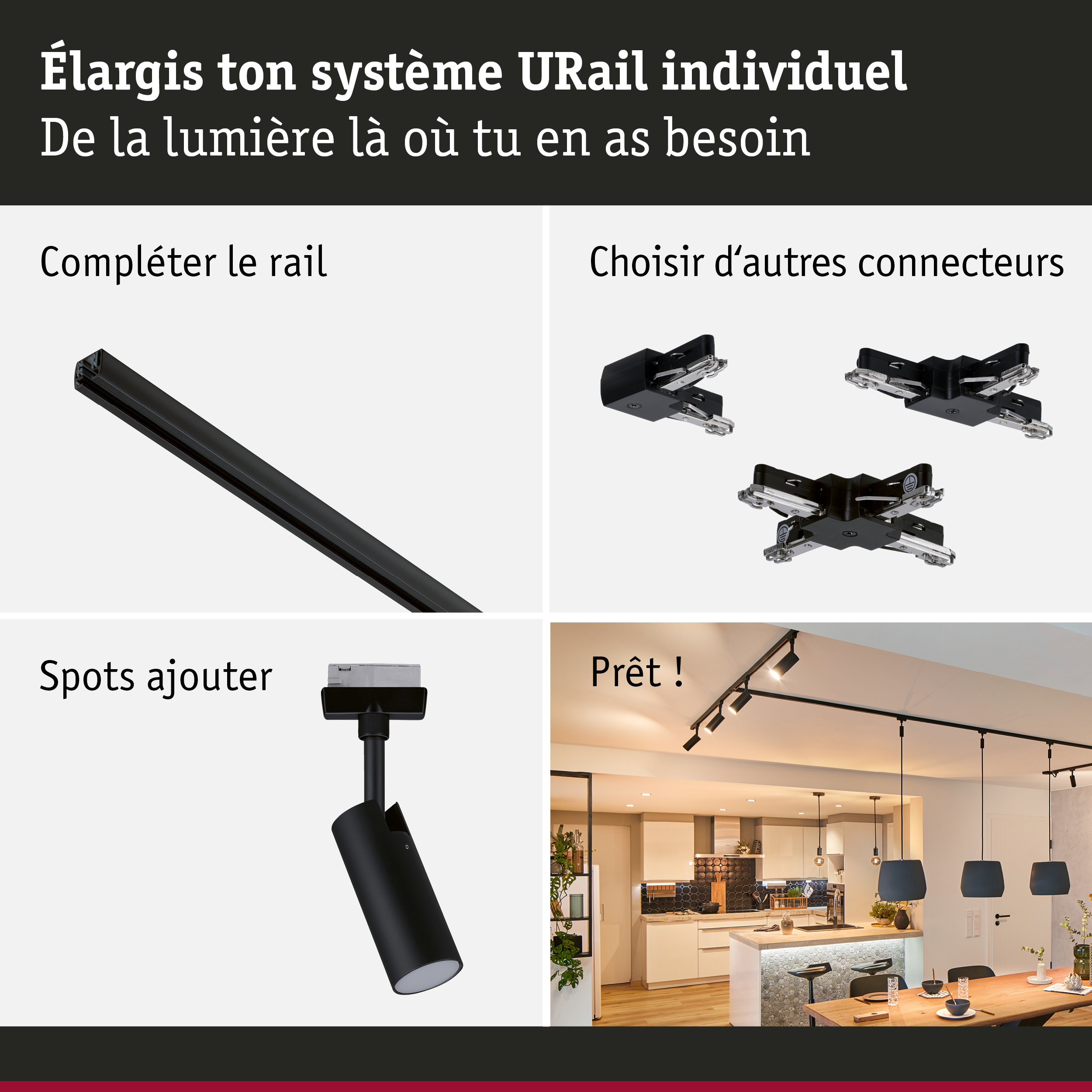 Système de rail URail noir avec connecteurs et spots LED pour un éclairage modulable