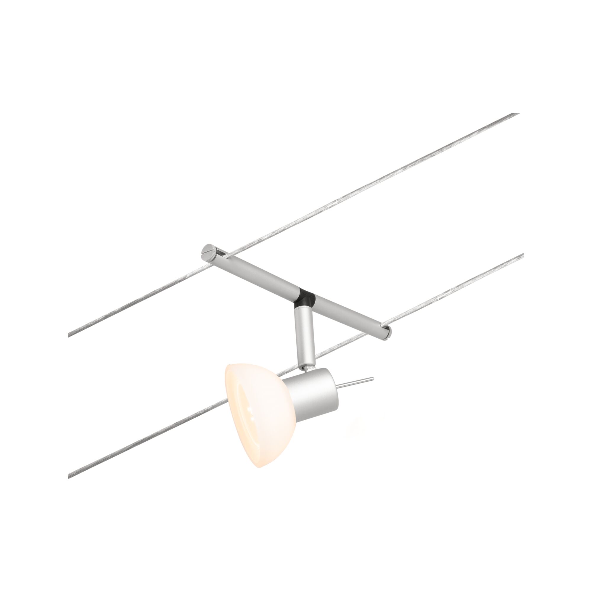 Moderner Seilstrahler mit silbernem Aluminiumgehäuse und opalem Glas für flexible Beleuchtung.