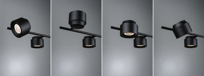 Four views of a black aluminum LED spotlight on rod for modern indoor lighting design.