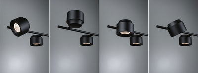 Four views of a black aluminum LED spotlight on rod for modern indoor lighting design.