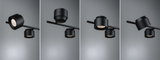 Fire visninger af sort aluminium LED-spot på stang til moderne indendørs belysning.