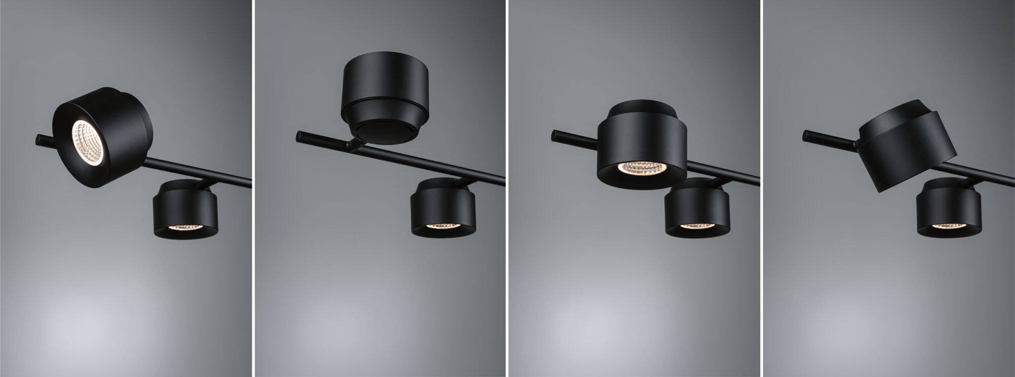 Vier Ansichten eines schwarzen Aluminium-LED-Strahlers an Stange für moderne Innenbeleuchtung.