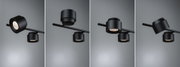 Vier aanzichten van een zwarte aluminium LED-spot op stang voor moderne binnenverlichting.