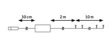 Technical drawing showing cable sections of 30 cm, 2 m, and 10 m for LED lighting system setup