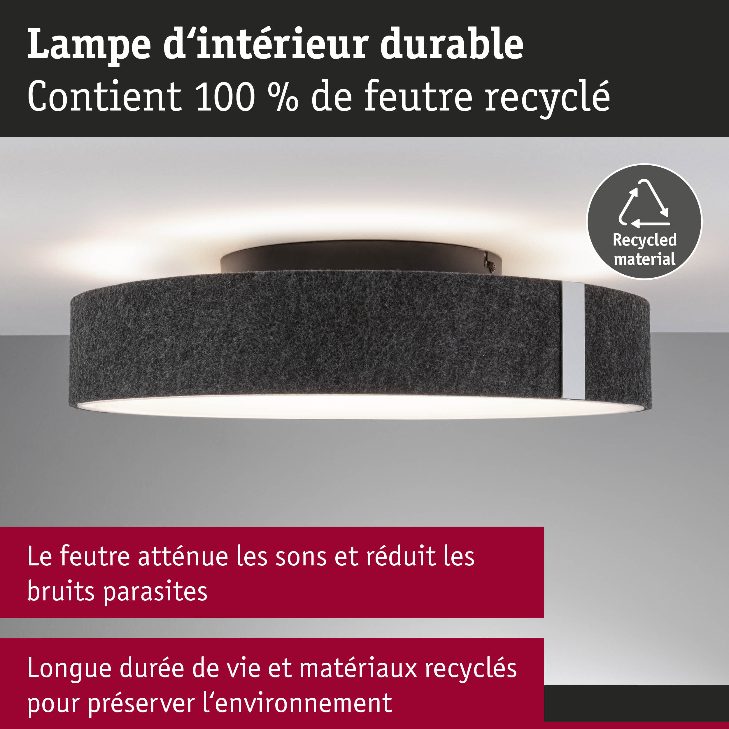 Lampe de plafond en feutre recyclé gris foncé avec LED économique et isolation phonique intégrée