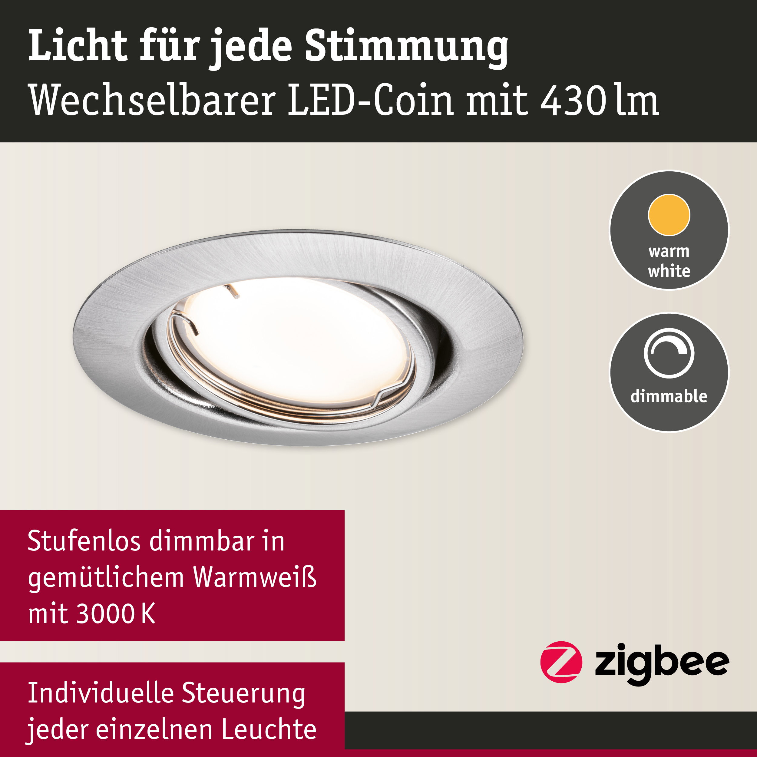 Rundes LED-Einbaustrahler-Gehäuse aus gebürstetem Metall mit warmweißem, dimmbarem Licht