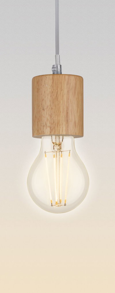 Pendant lamp with light wooden shade and warm white LED bulb for sustainable home lighting