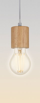 Pendant lamp with light wooden shade and warm white LED bulb for sustainable home lighting