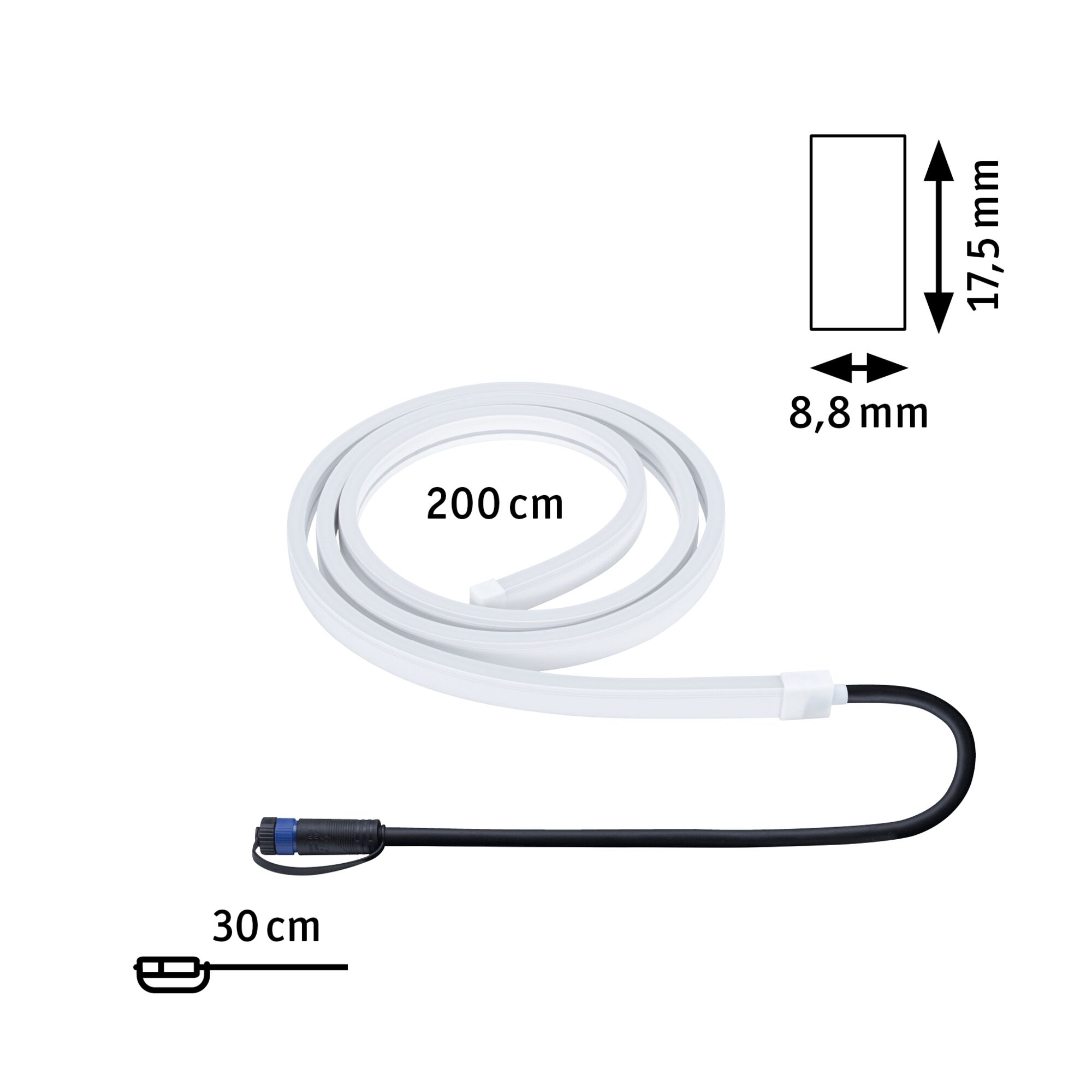 White plastic LED light strip 200 cm long and 8.8 mm wide for flexible lighting solutions