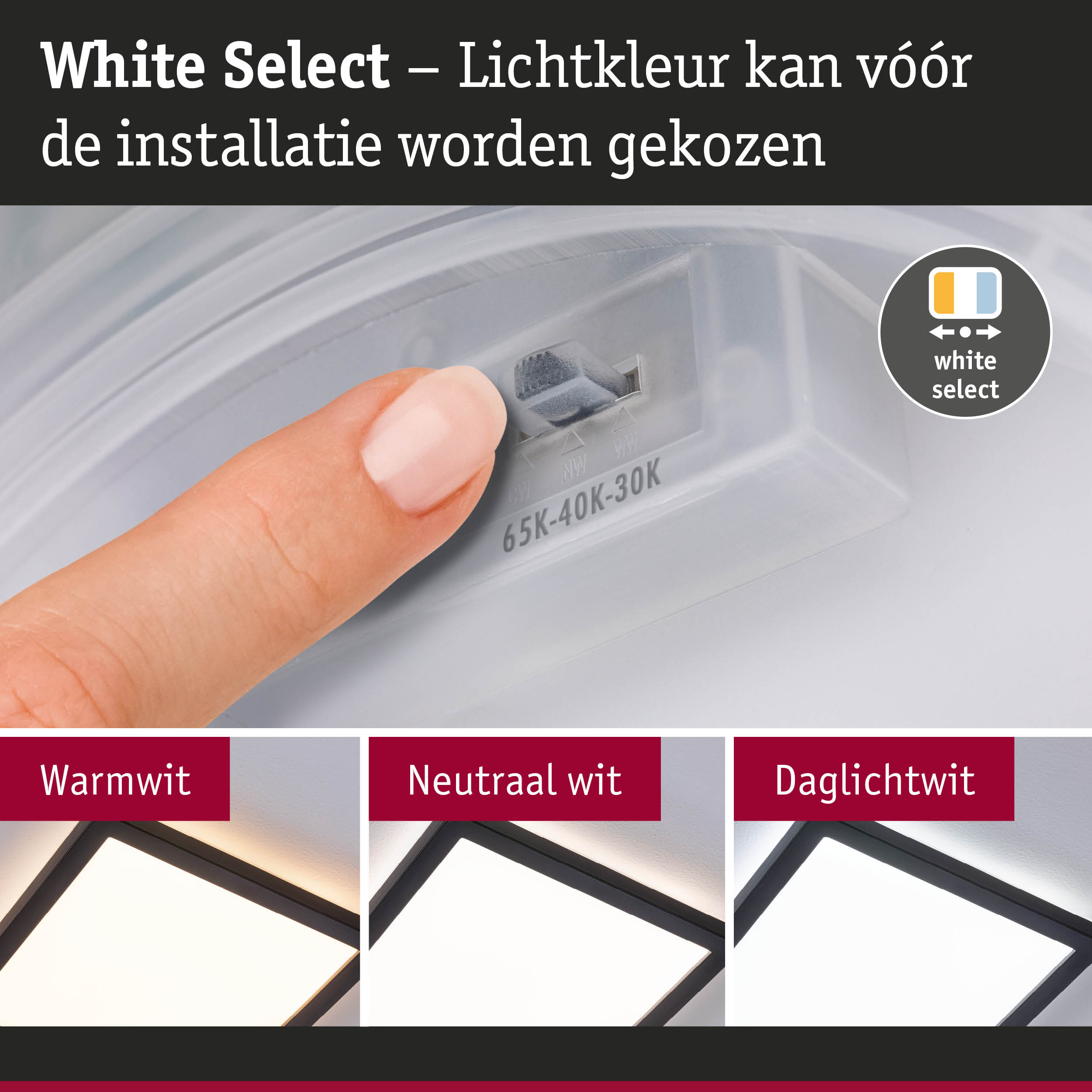 Vinger stelt lichtkleur in op witte kunststof schakelaar met drie LED-lichtopties