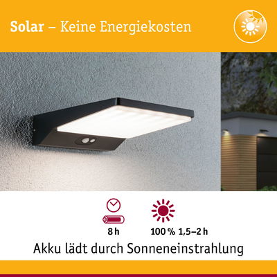 Schwarze Solar-Wandleuchte mit Bewegungsmelder und weißem Licht, energiesparende Außenbeleuchtung