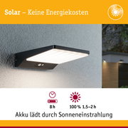 Schwarze Solar-Wandleuchte mit Bewegungsmelder an grauer Wand, energiesparende Außenbeleuchtung