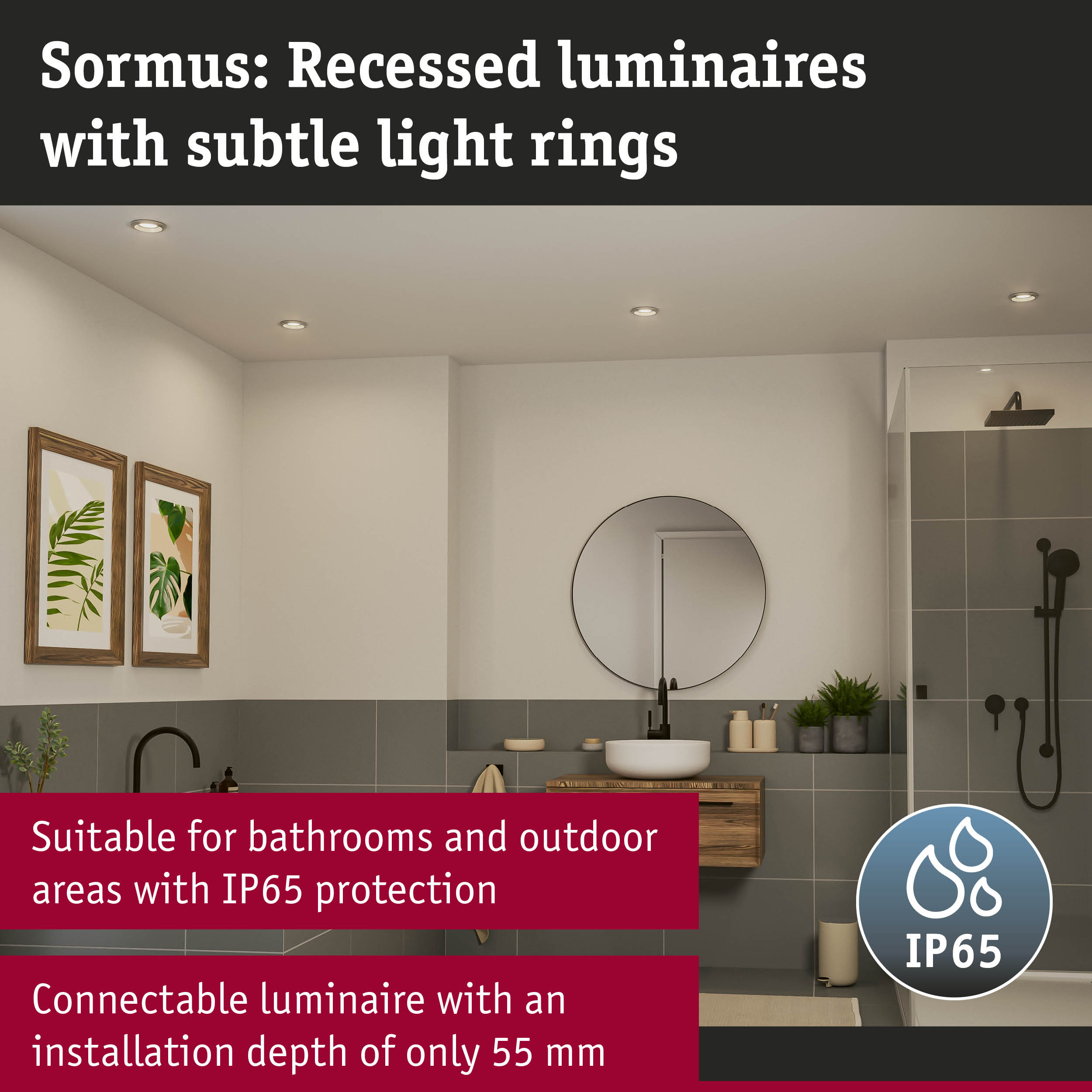 Sormus recessed luminaires with subtle light rings in white bathroom featuring IP65 protection