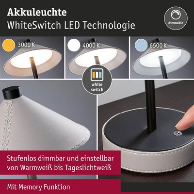 Akkuleuchte mit WhiteSwitch LED Technologie, dimmbar von 3000K bis 6500K, weißes Leder und Memory Funktion