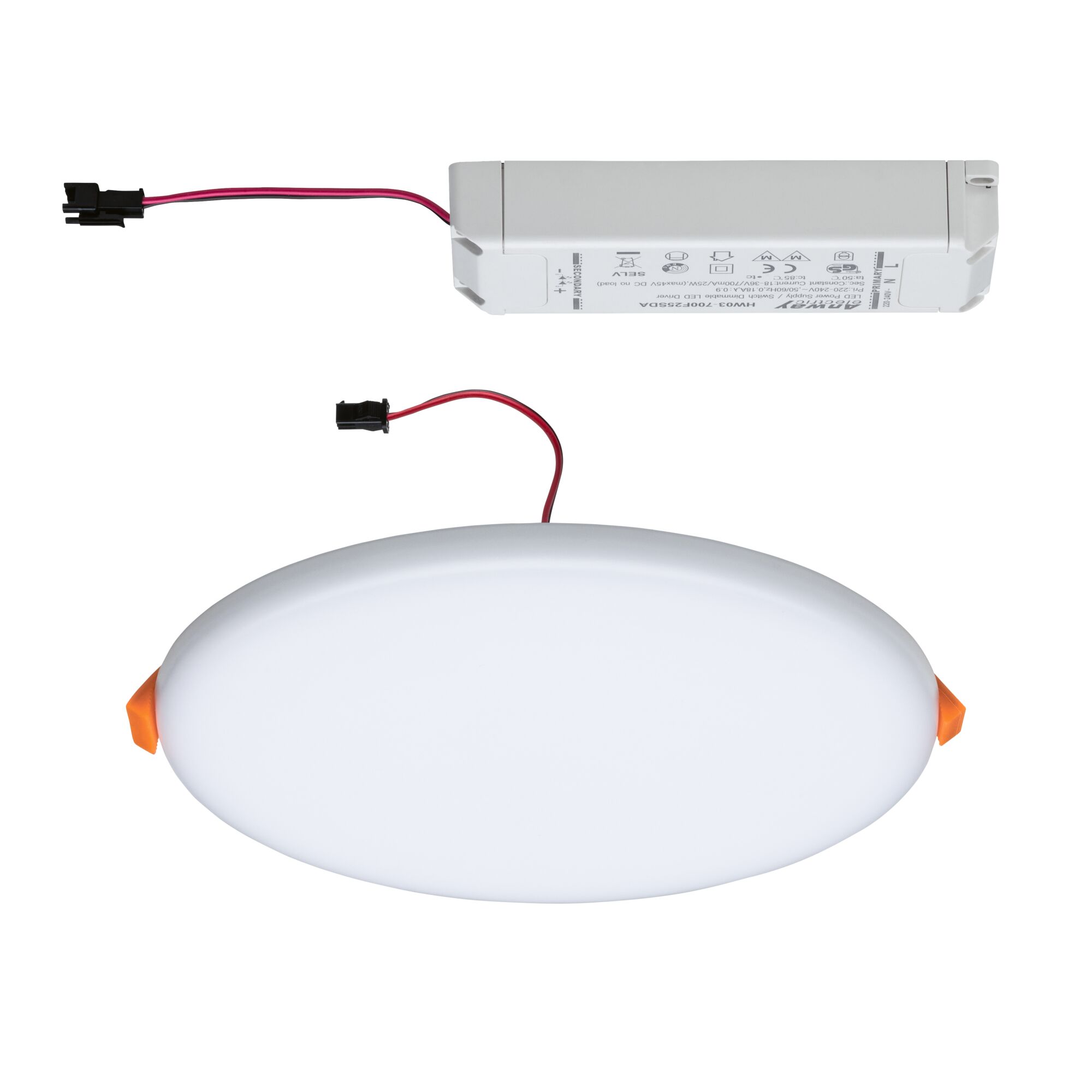 Round white LED recessed panel with orange clips and white driver for modern lighting solutions