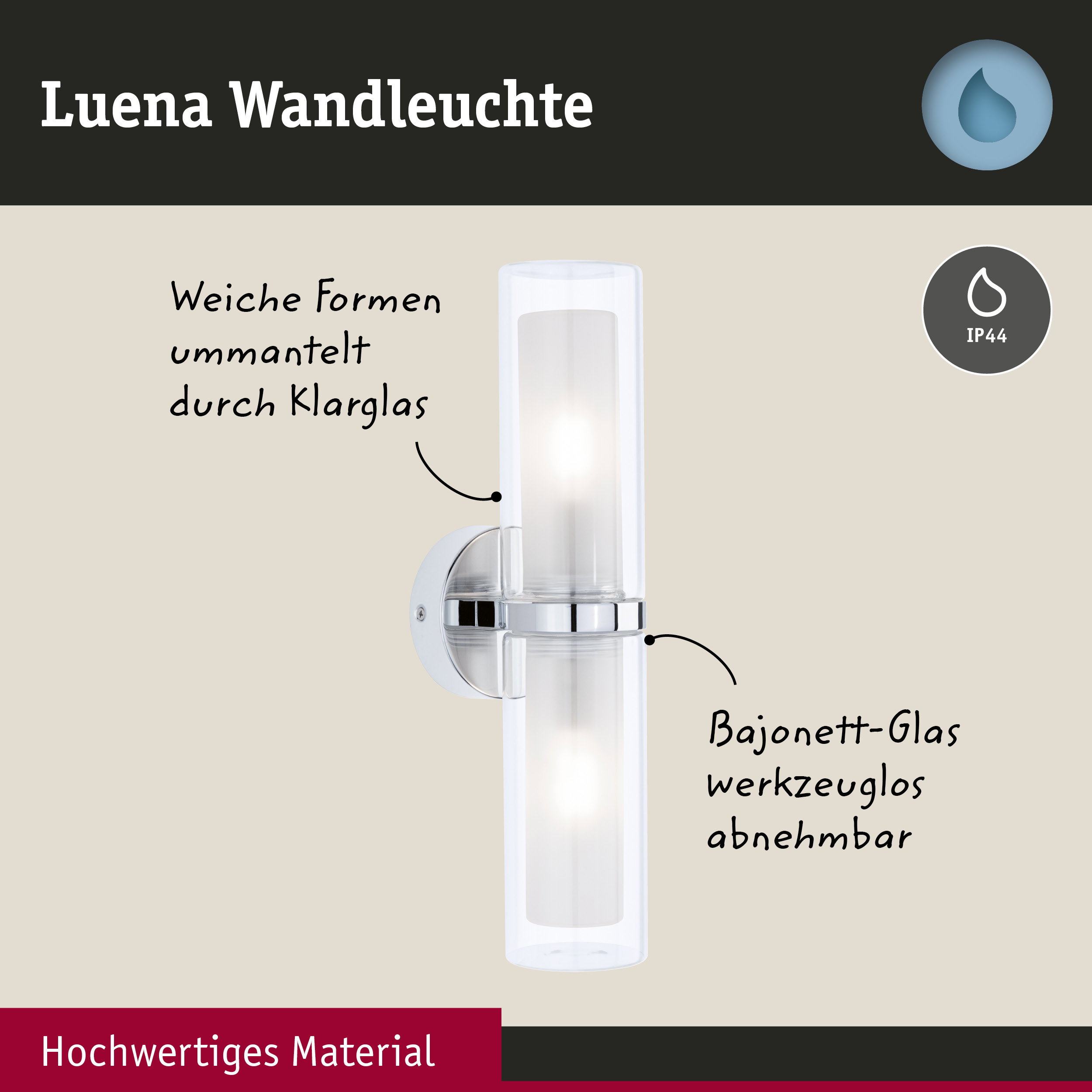 Luena Wandleuchte aus klarem Glas mit Chromhalterung, IP44 Schutz für Badezimmerbeleuchtung