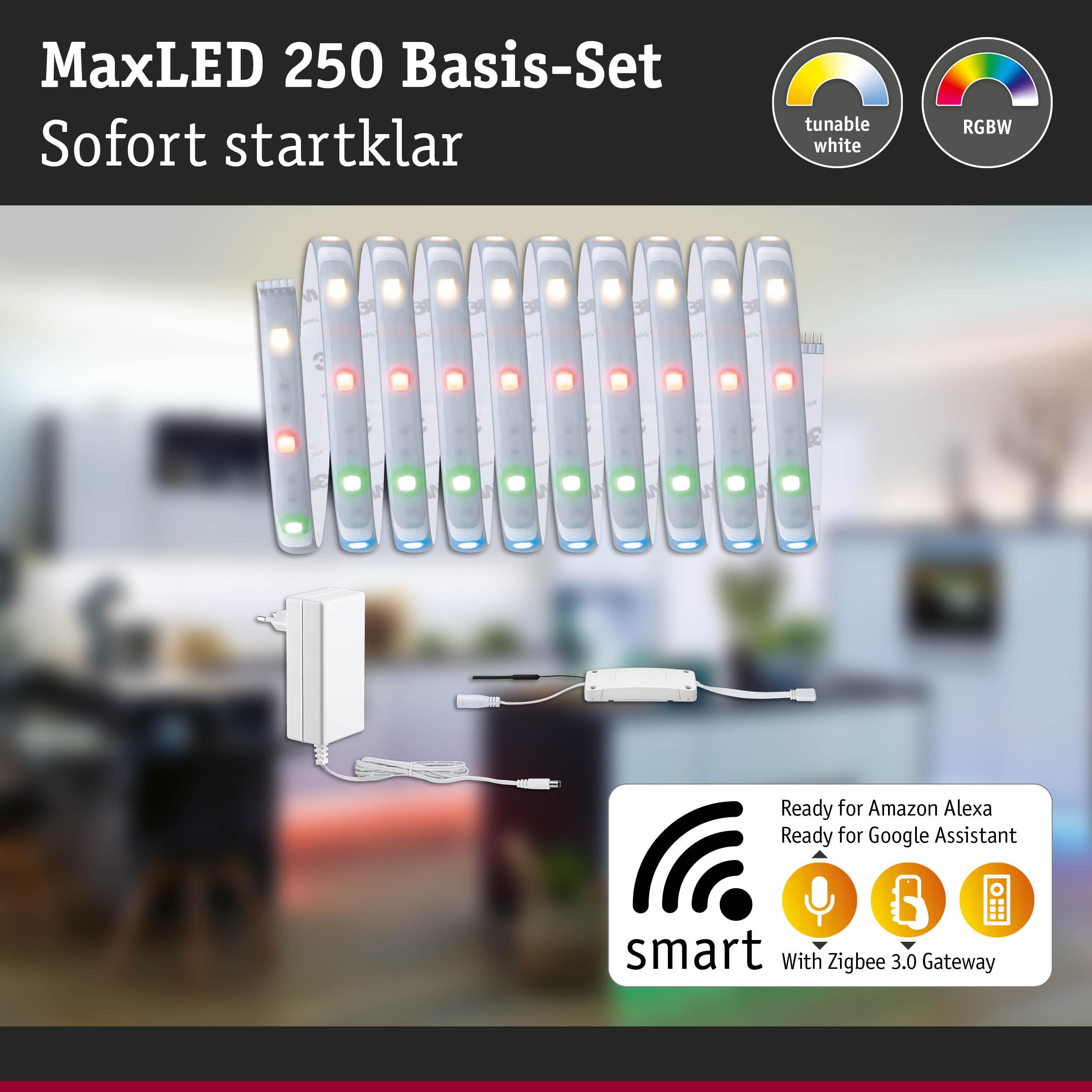MaxLED 250 Basis-Set mit weißen RGBW LED-Streifen und Netzteil für smarte Beleuchtung mit Alexa und Google