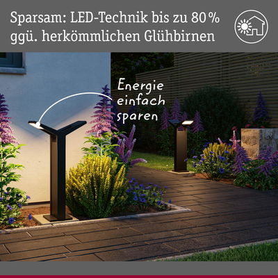 Moderne schwarze LED-Wegeleuchte im Garten mit energiesparender Technik und blühenden Pflanzen.