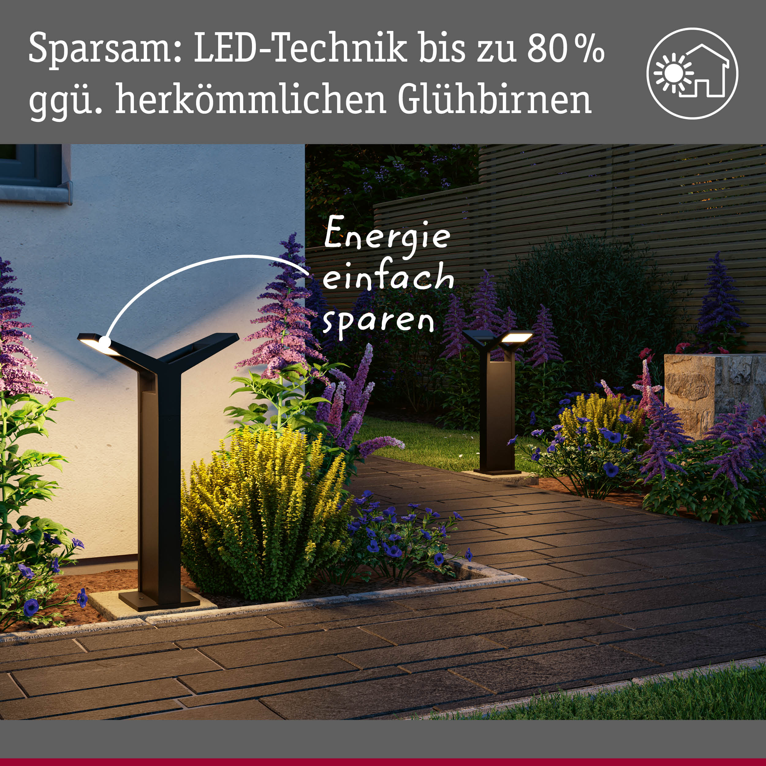 Moderne schwarze LED-Außenleuchten im Garten mit Energieeffizienz und Sparhinweis