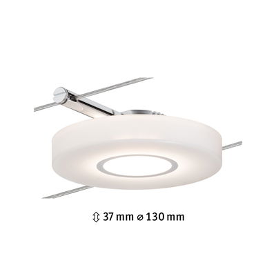 Spot LED rond sur câble avec diffuseur plastique blanc et support chromé, diamètre 130 mm