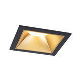 Square recessed spotlight in black metal with gold reflector and warm white LED light for modern interiors