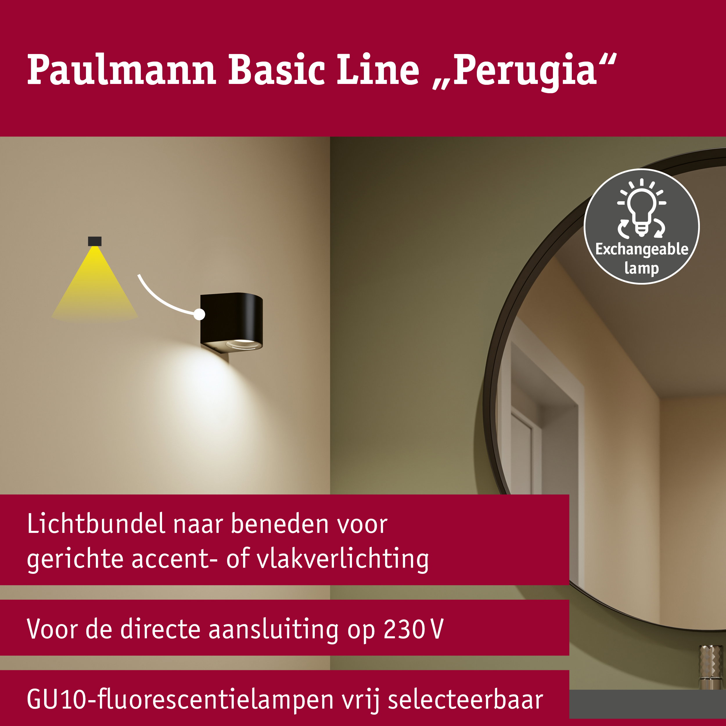 Wandlamp Perugia IP44 GU10 230V max. 10W Zwart mat