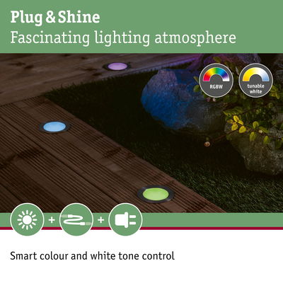 LED recessed floor lights in multiple colours on wooden deck with smart colour and white tone control