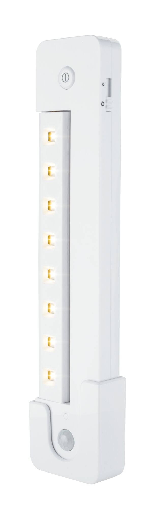 Weißer LED-Leuchtenaufsatz mit Bewegungsmelder und sieben warmweißen LEDs für energiesparende Beleuchtung
