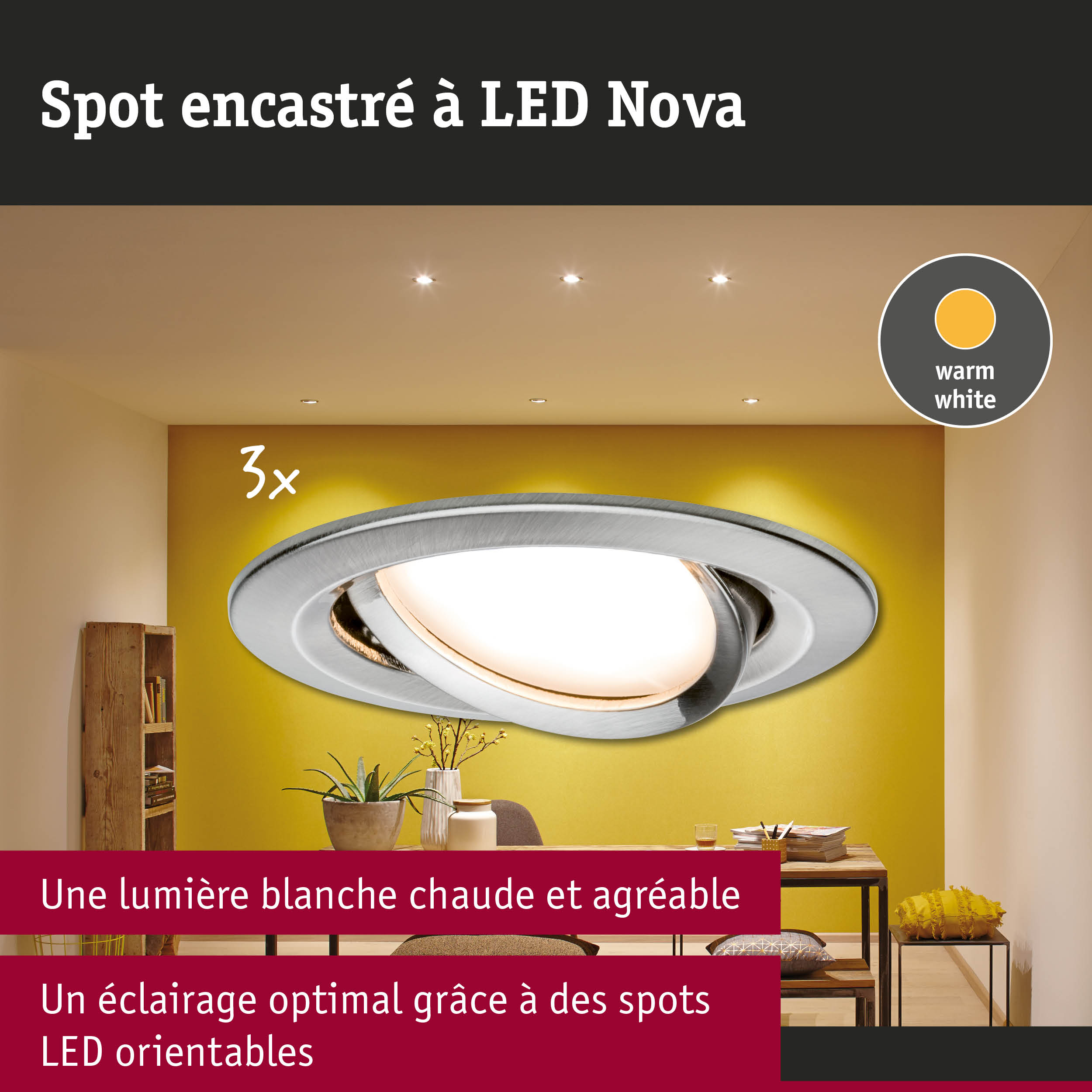 Spot encastré LED Nova en métal argenté avec lumière blanc chaud pour éclairage intérieur