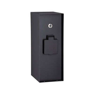 Black rectangular metal housing with socket cover for outdoor lighting applications