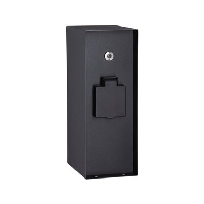 Black rectangular metal housing with socket cover for outdoor lighting applications