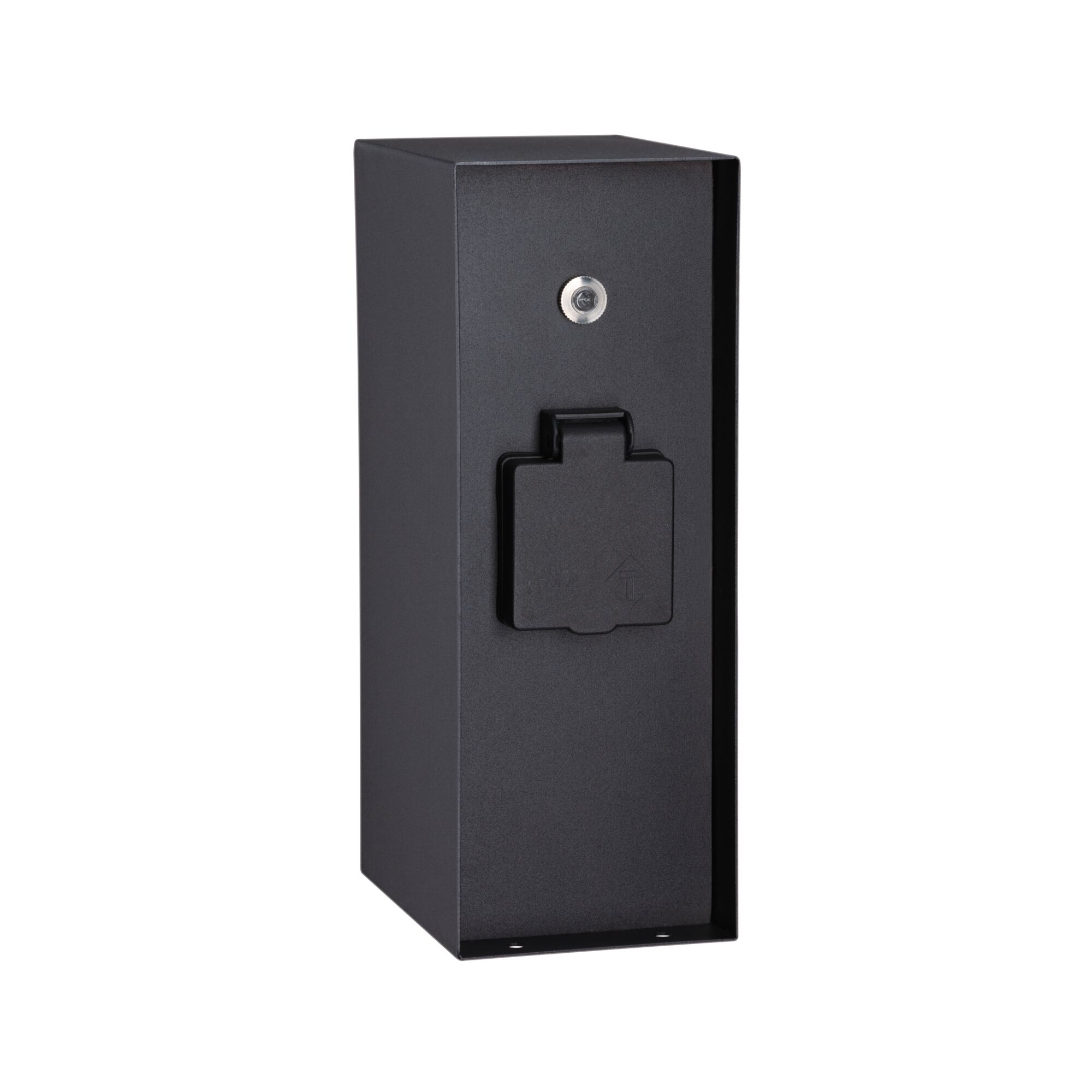 Boîtier métallique rectangulaire noir avec cache prise pour éclairage extérieur