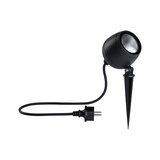 Zwarte LED-tuinschijnwerper met grondpen en kabel voor buitenverlichting en tuinlicht.