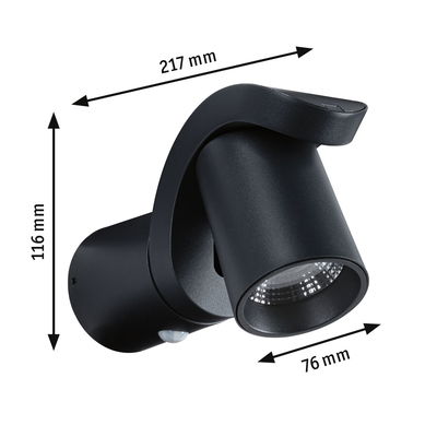 Schwarze LED-Außenwandleuchte aus Metall mit Bewegungsmelder und Maßen 217x116x76 mm