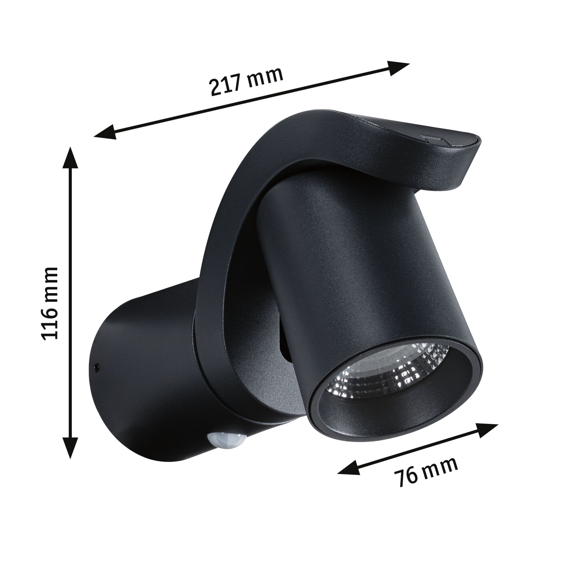 Black metal LED outdoor wall light with motion sensor, dimensions 217x116x76 mm