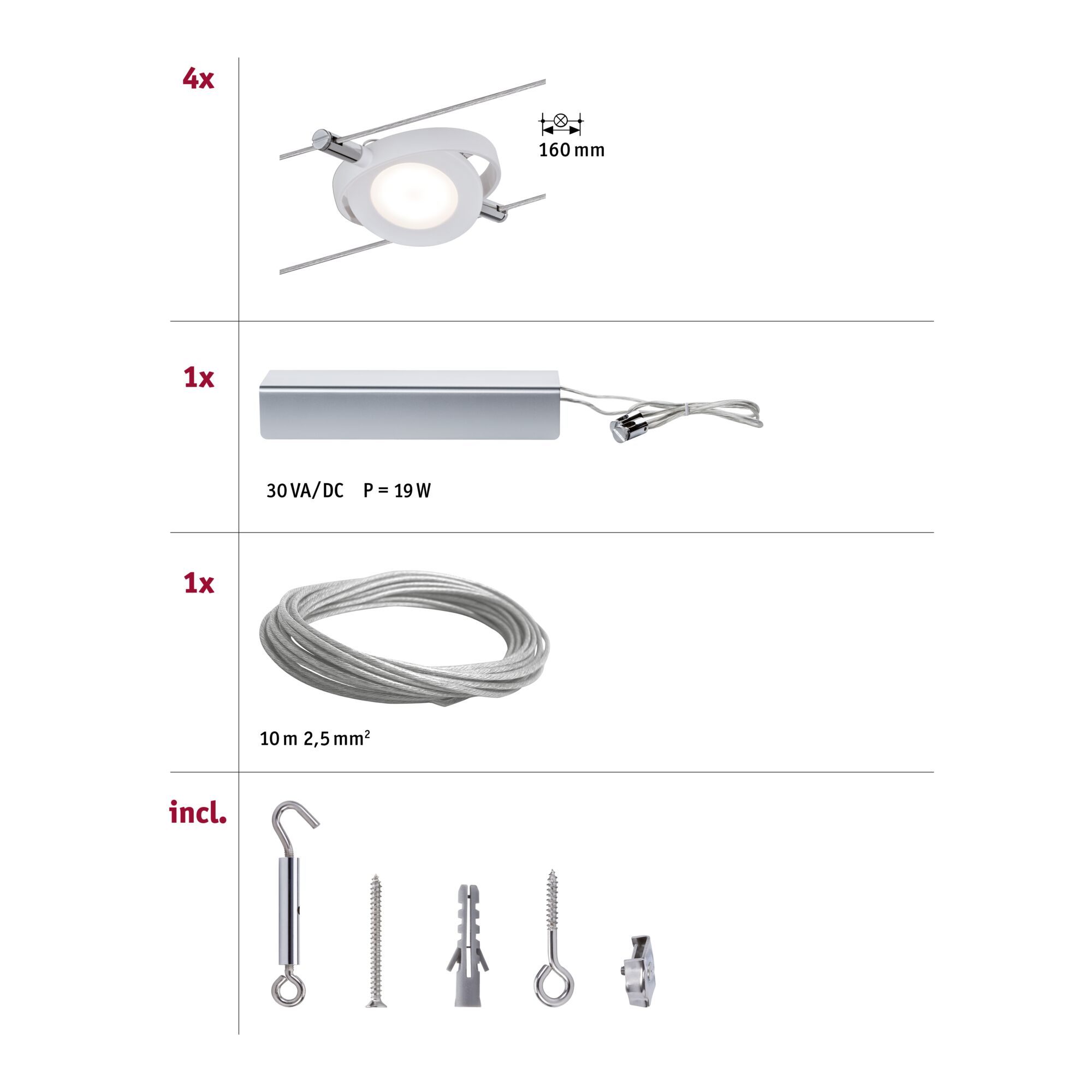 Set of 4 white LED cable spotlights, 1 silver transformer, 10 m steel cable and mounting accessories for lighting