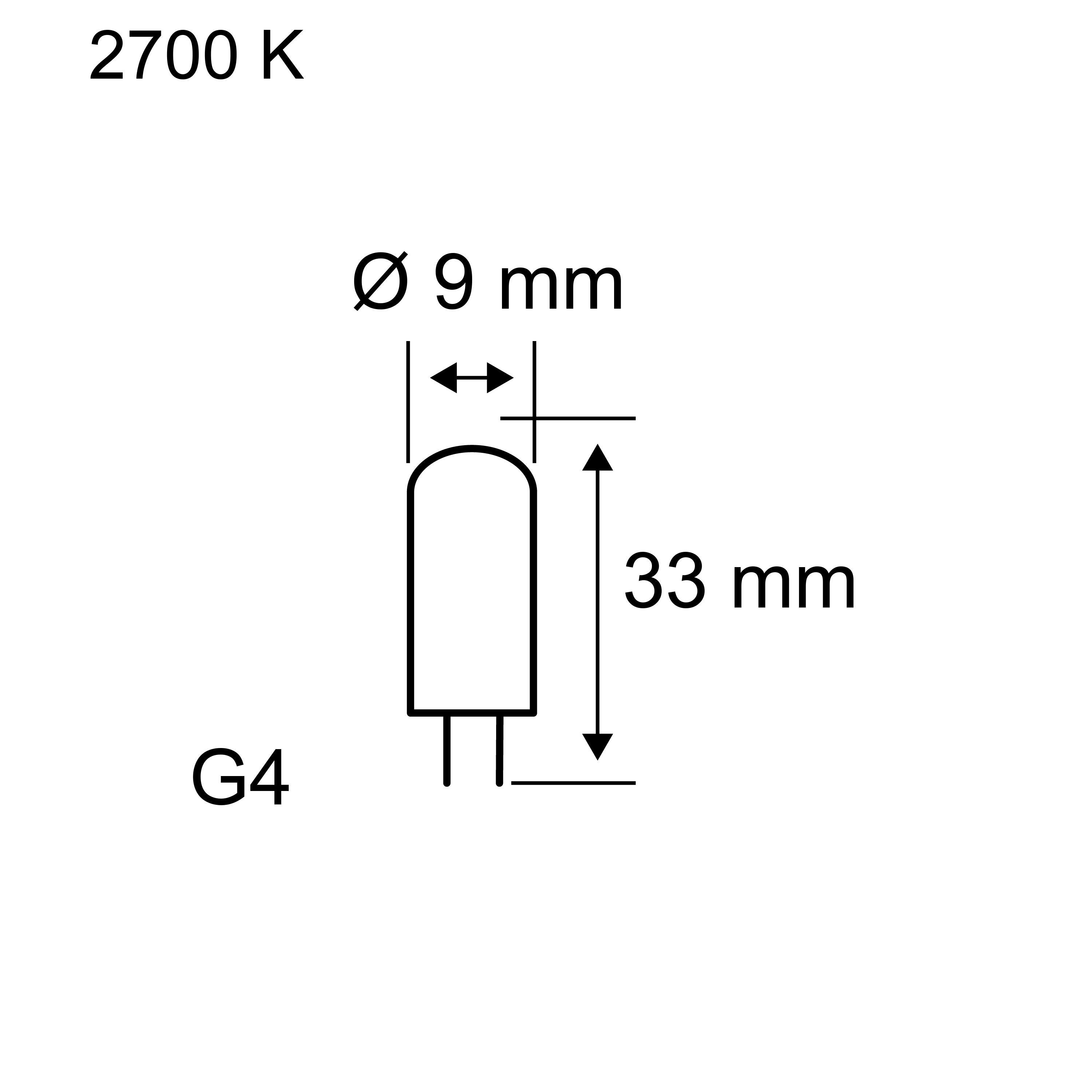 Teknisk tegning af G4 LED-pære 33 mm længde, 9 mm diameter, varm hvid 2700 K lysfarve