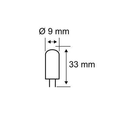 Technical drawing of G4 LED bulb 33 mm length, 9 mm diameter, warm white 2700 K light color