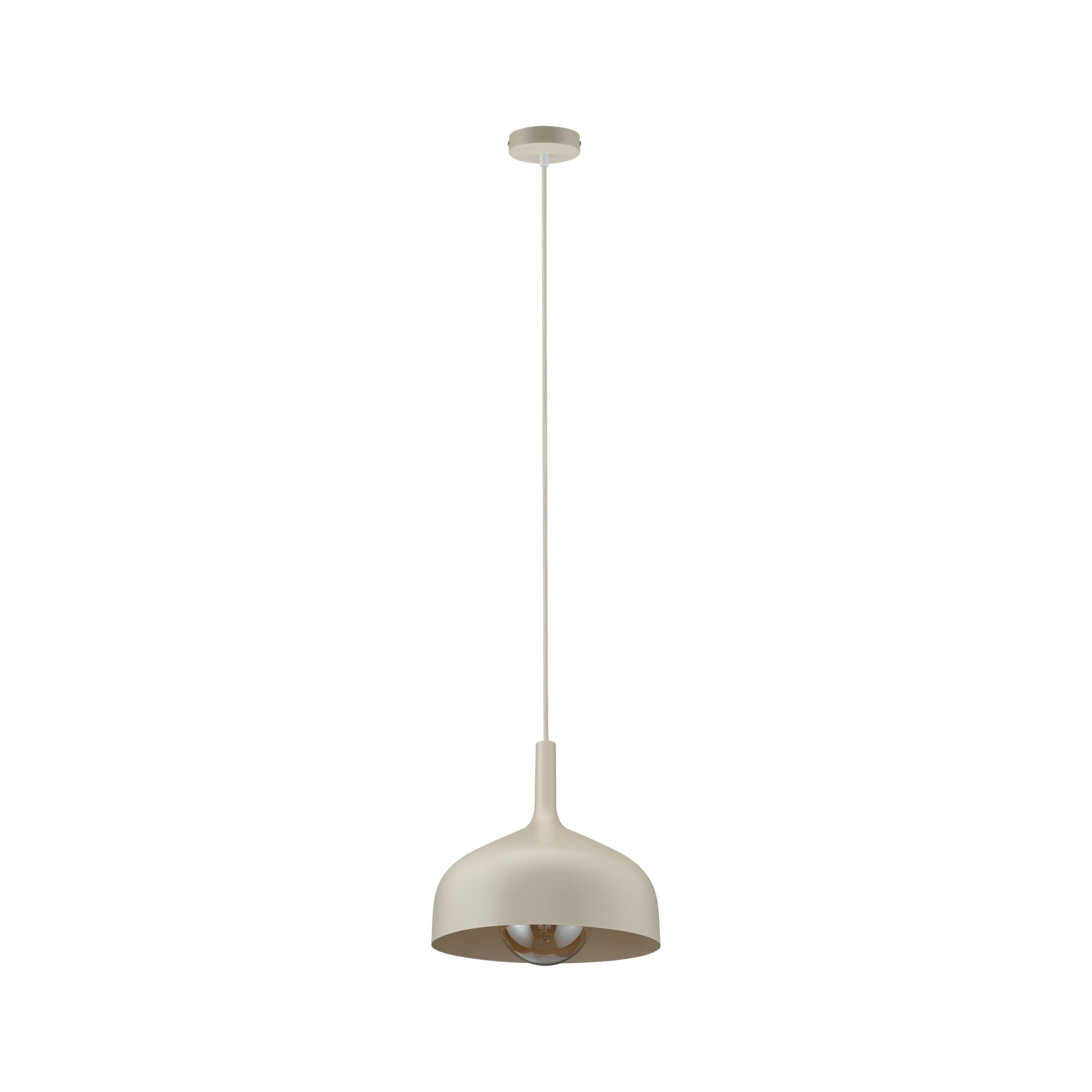 Moderne hanglamp van mat beige metaal met zichtbare lamp voor sfeervolle verlichting