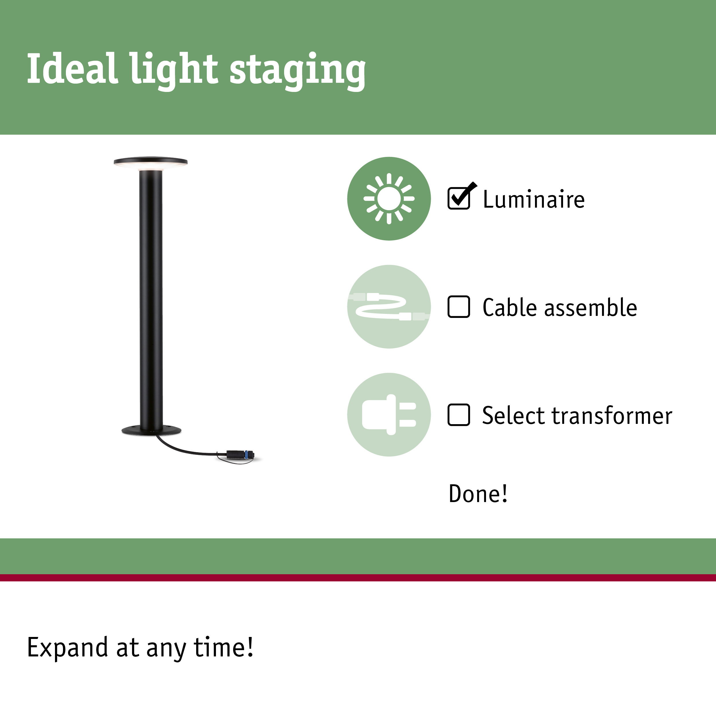 Black LED outdoor luminaire with round head and cable for garden lighting