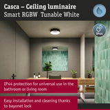 Casca black ceiling luminaire with IP44 protection, smart RGBW tunable white light for bathroom or living room