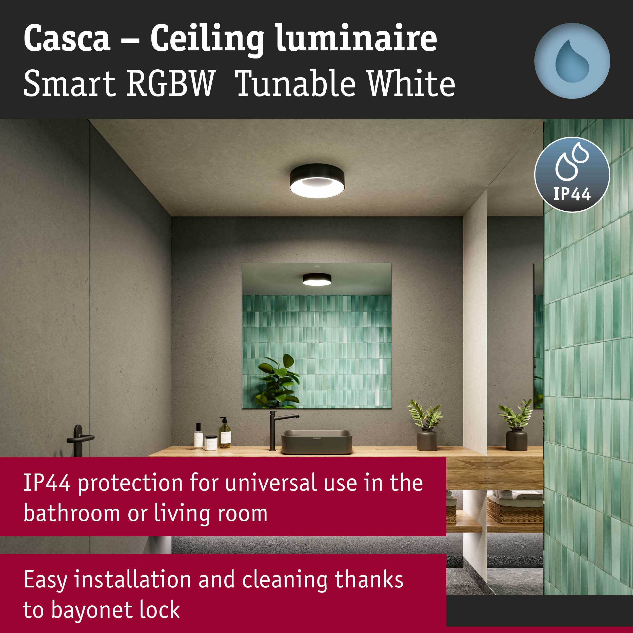 Casca black ceiling luminaire with IP44 protection, smart tunable RGBW light for bathroom or living room